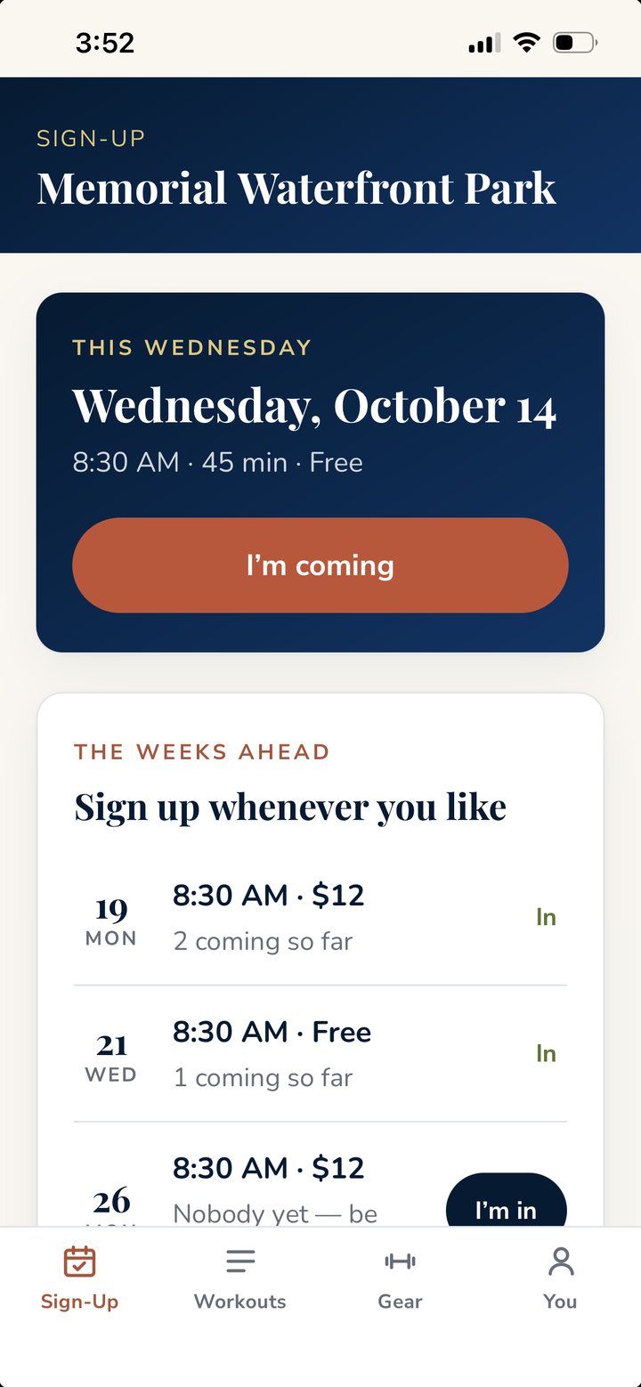 The Bloom50 app's sign-up screen for Memorial Waterfront Park, with an I'm coming button for Wednesday and the Monday classes listed below