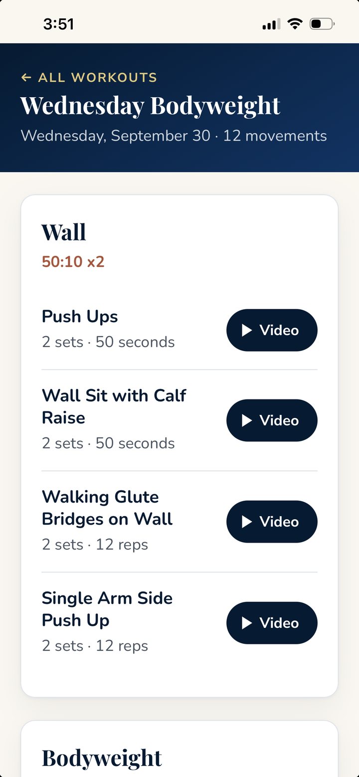 The Bloom50 app showing Wednesday Bodyweight, a workout with each movement listed and a Video button beside it